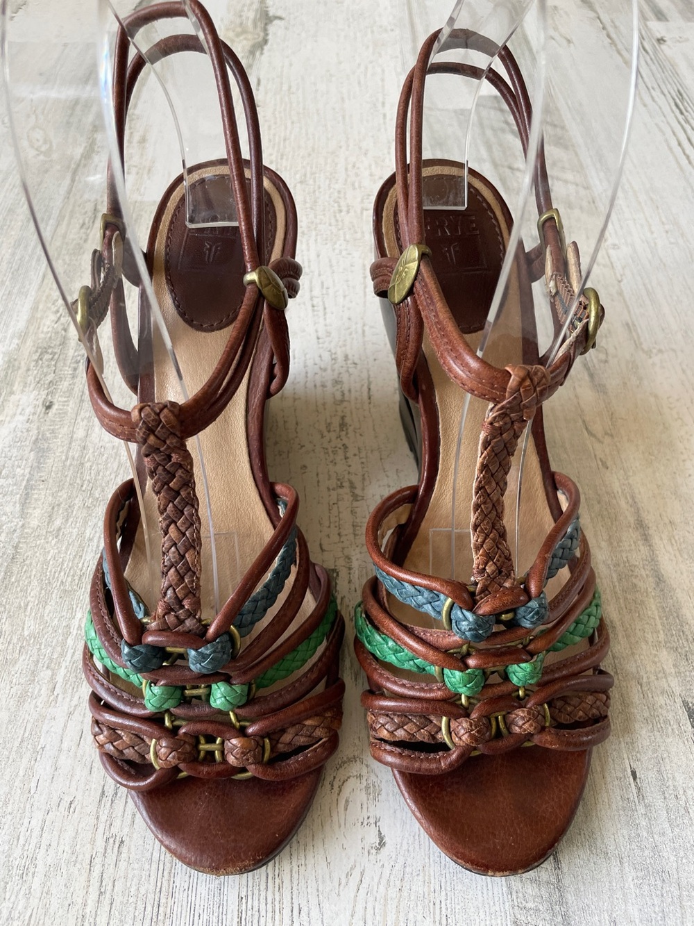 Frye Brown Braided Leather Women's Wedge Sandals with Green & Teal Accents 8.5